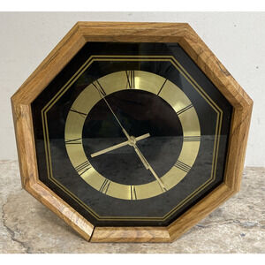 Quartz Octagon Solid Oak Wooden Wall Clock 11" Glass Face Battery Operated Works